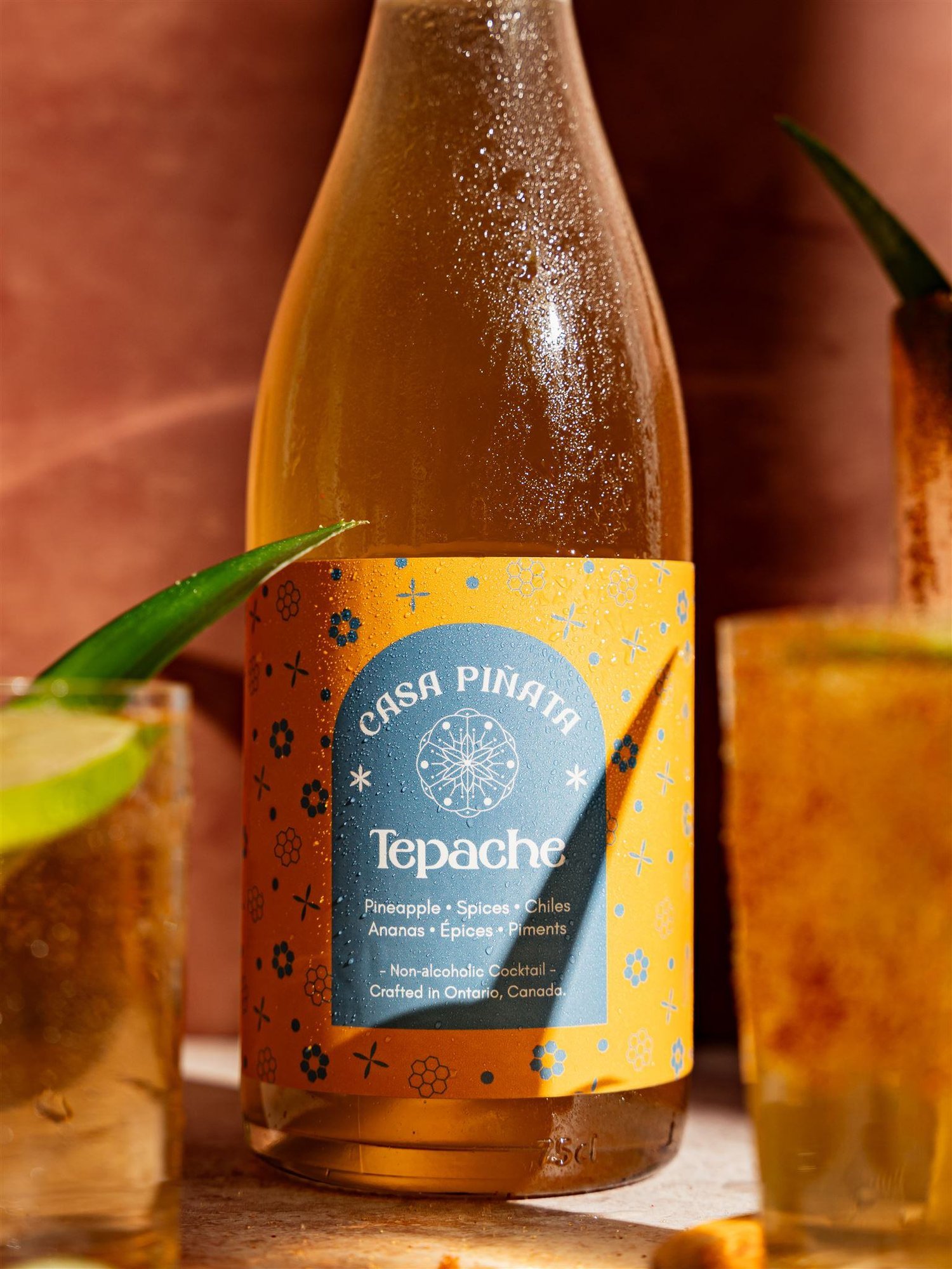  Casa Piñata's Tepache bottle beside a glass of Tepache with a pineapple leaf garnish and fresh lime wedges on a sunlit surface